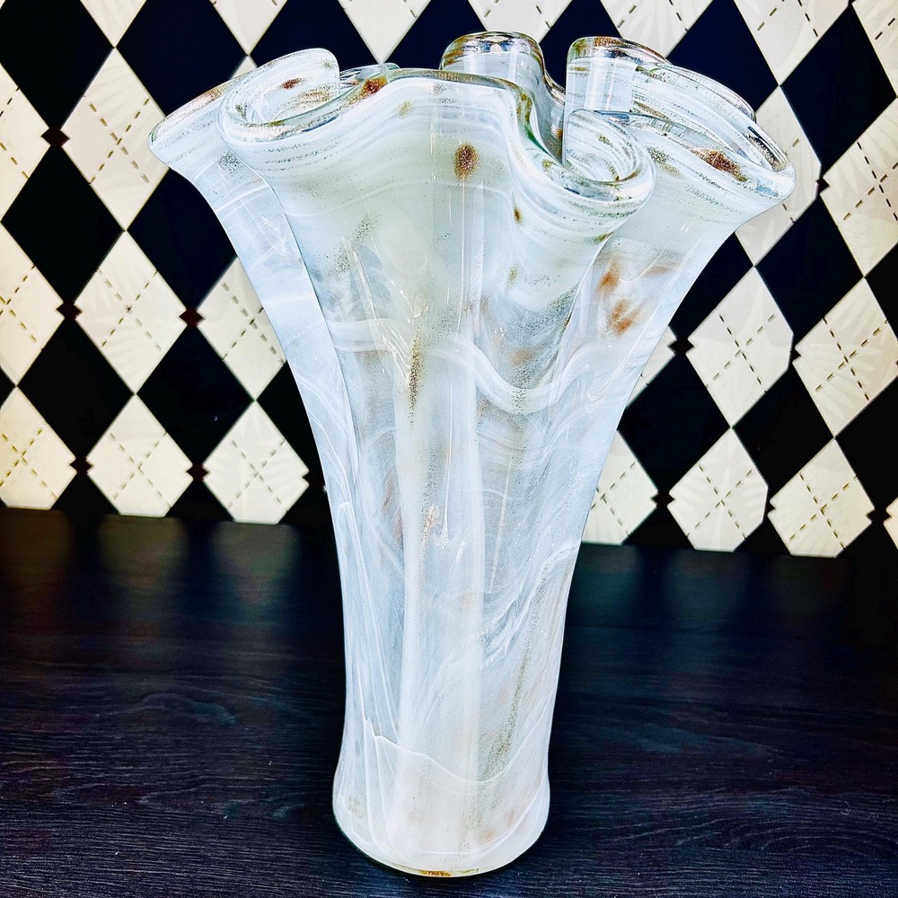 White Opaline Art Glass Vase 15" Ruffled Aventurine Statement - Picture 16 of 17